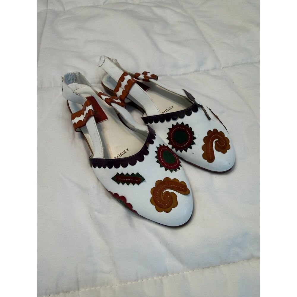 Atmosphere Paisley Slingback Flats Womens Size 6 White Applique Y2K